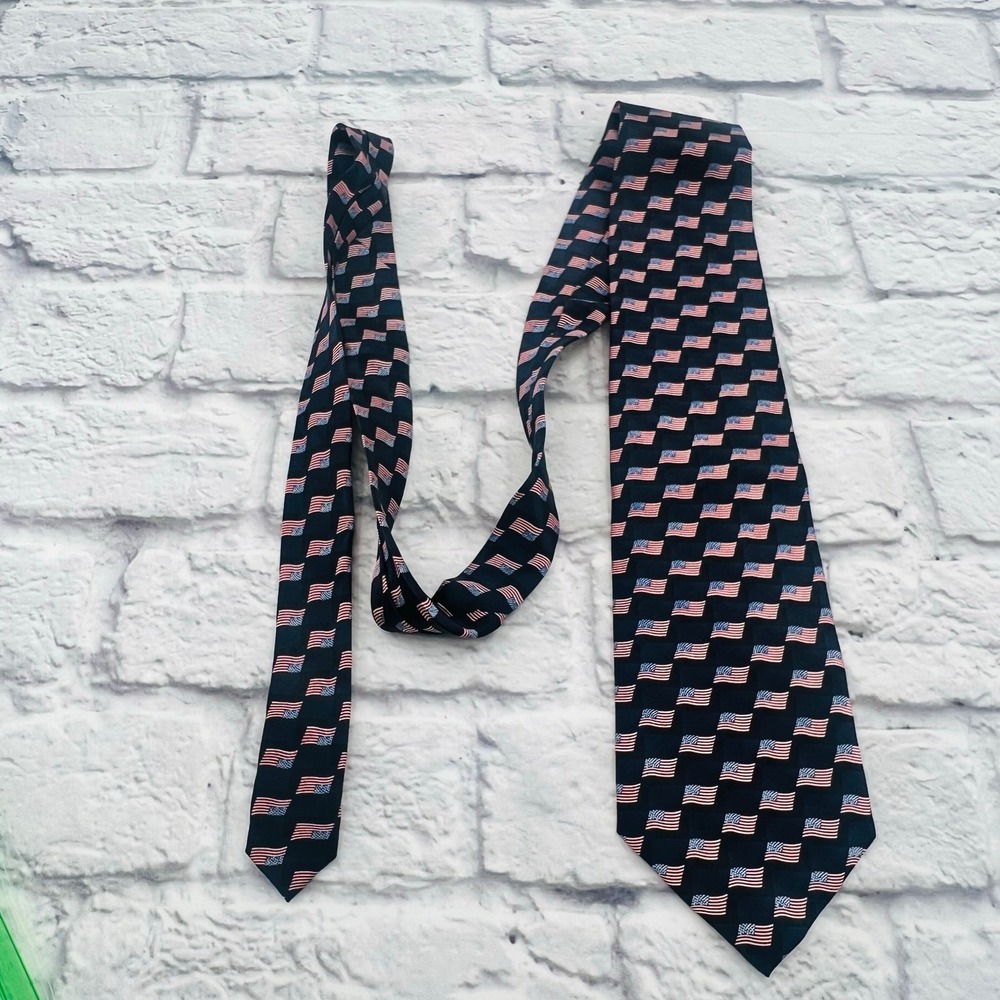 STONEHENGE Men's American Flag Silk Neck Tie Navy Blue/Multi 4"x59"